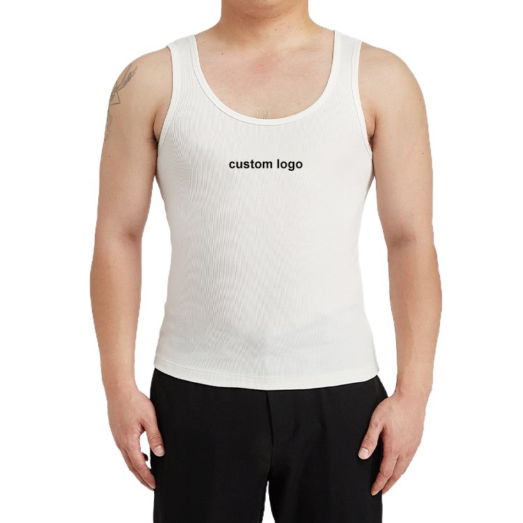 custom logo gym printed thick material elastin ribbed fleece 100% cotton blank solid regular knit basic undershirts tank top