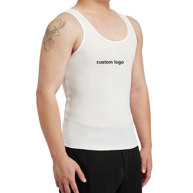 custom logo gym printed thick material elastin ribbed fleece 100% cotton blank solid regular knit basic undershirts tank top