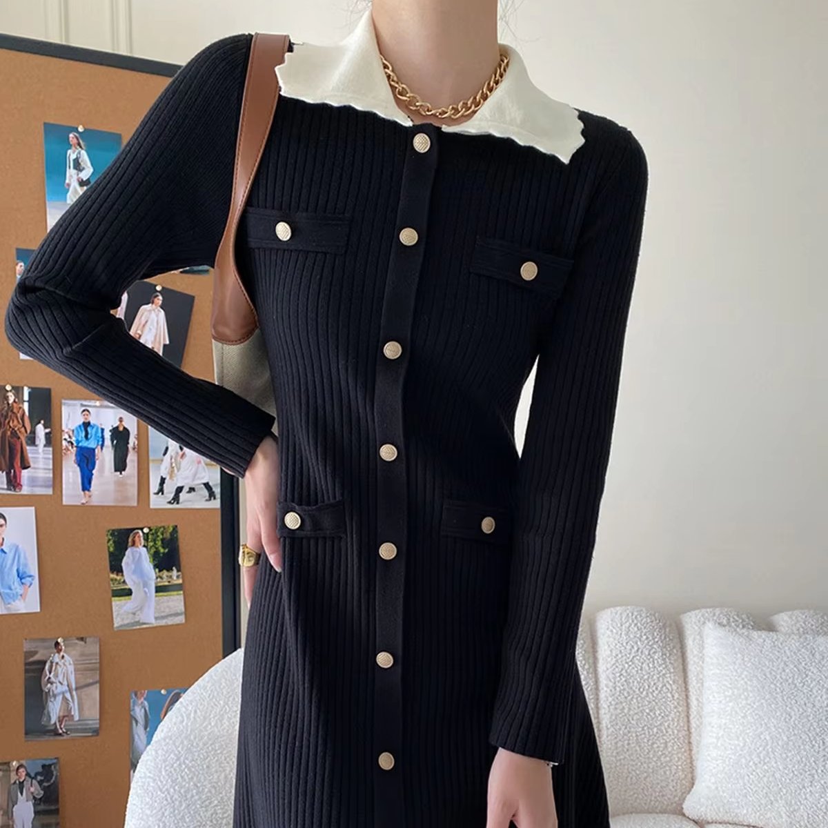 High quality fashion solid color knit ribbed Peter Pan collar long sleeve multi buttons warm tight elegant mid-length dresses