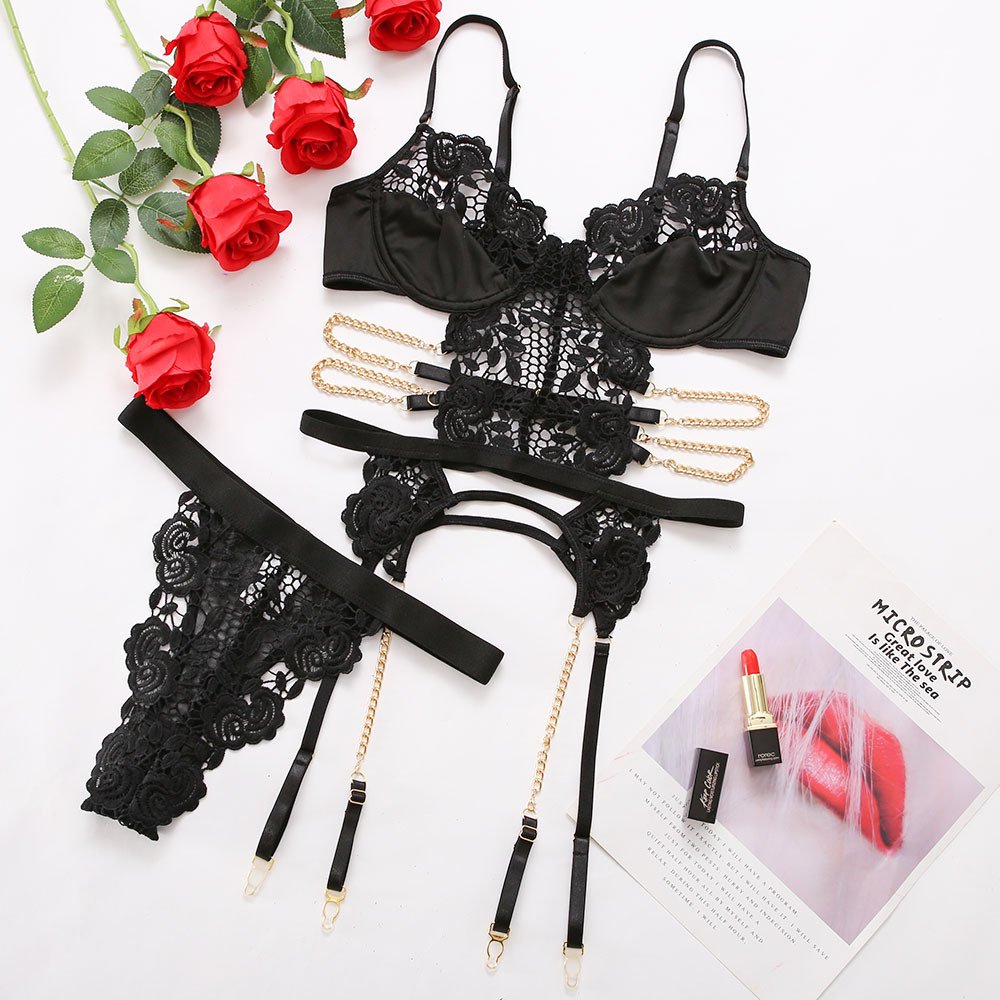 New Solid Color Sexy Lace Underwear Bra Top Sexy Lingerie 3 Pieces Set Women Sexy Lingerie Underwear