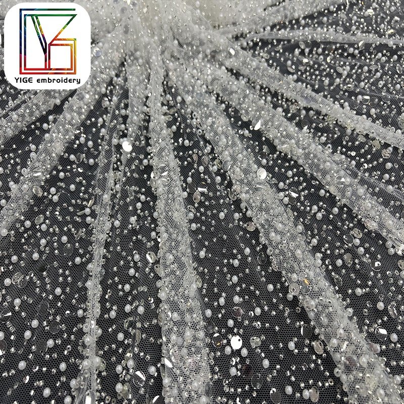 Crystal Sequins Bridal Luxury high density Embroidery Beads Wedding Tulle White 3D heavy beaded Lace Fabric