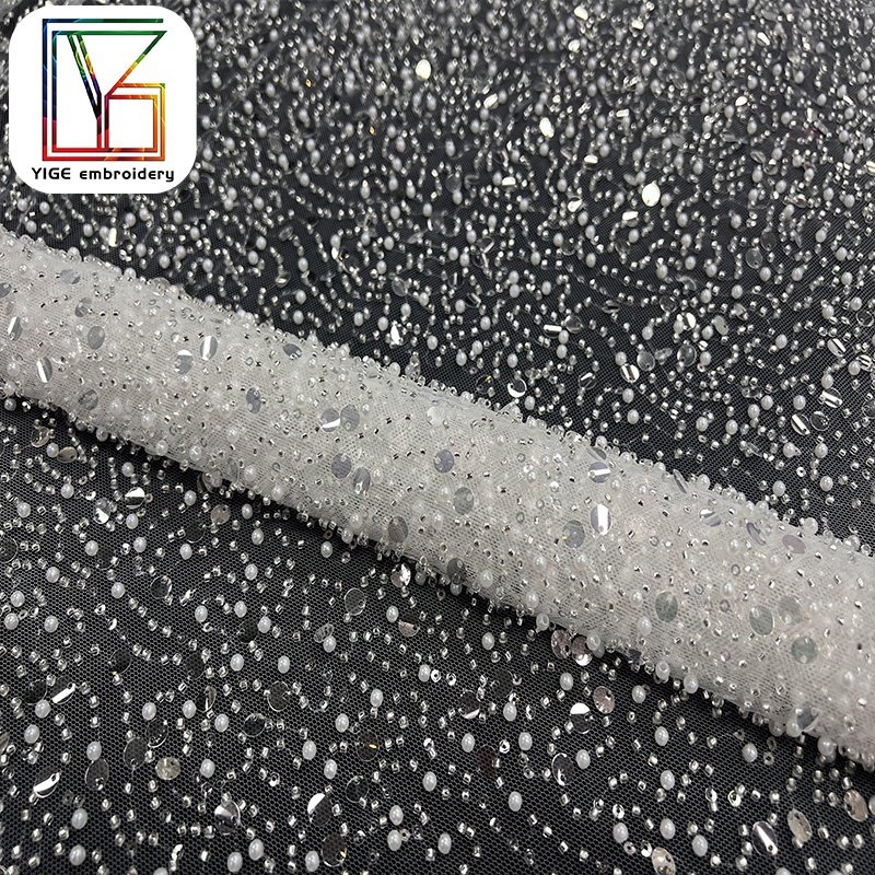 Crystal Sequins Bridal Luxury high density Embroidery Beads Wedding Tulle White 3D heavy beaded Lace Fabric