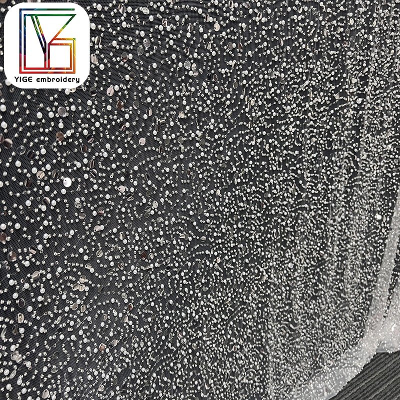 Crystal Sequins Bridal Luxury high density Embroidery Beads Wedding Tulle White 3D heavy beaded Lace Fabric