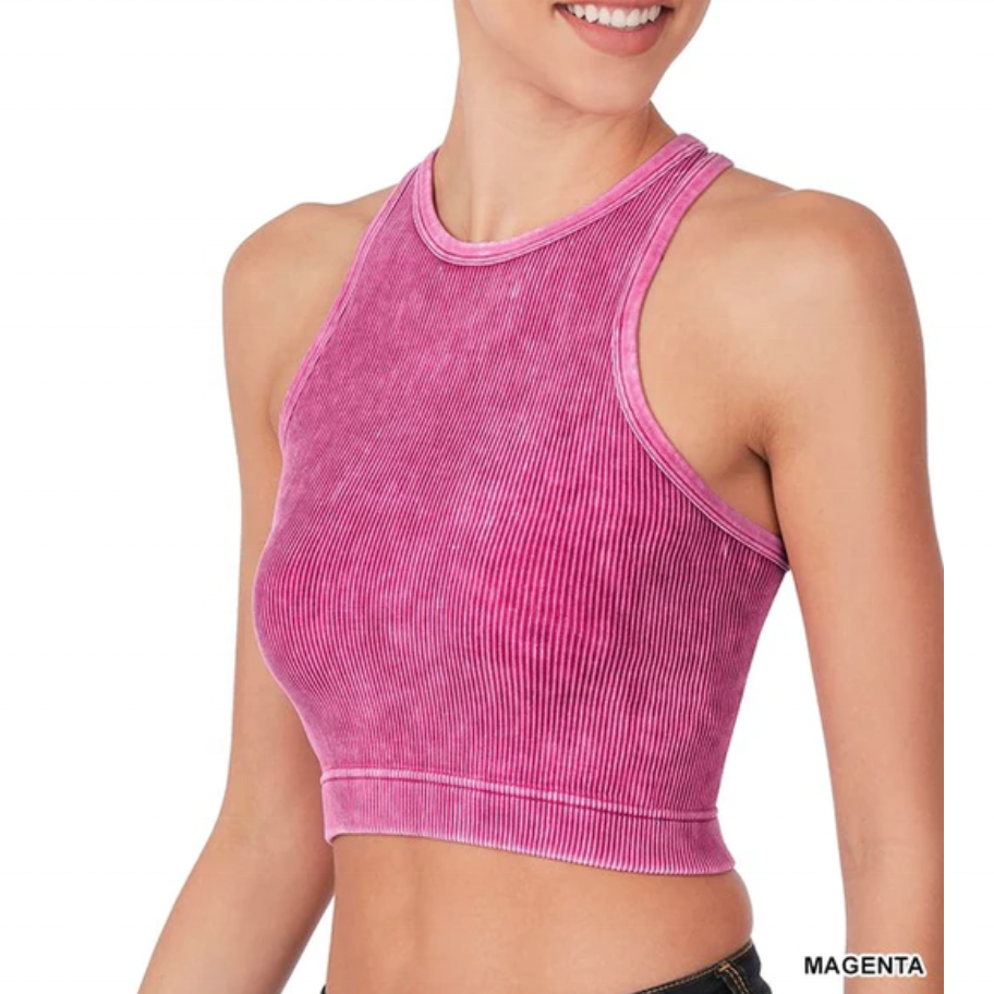 Women's Custom Acid Mineral Washed Ribbed Tank Tops Dresses Casual Sports Mini Cropped Sleeved Light Weight Natural Pattern