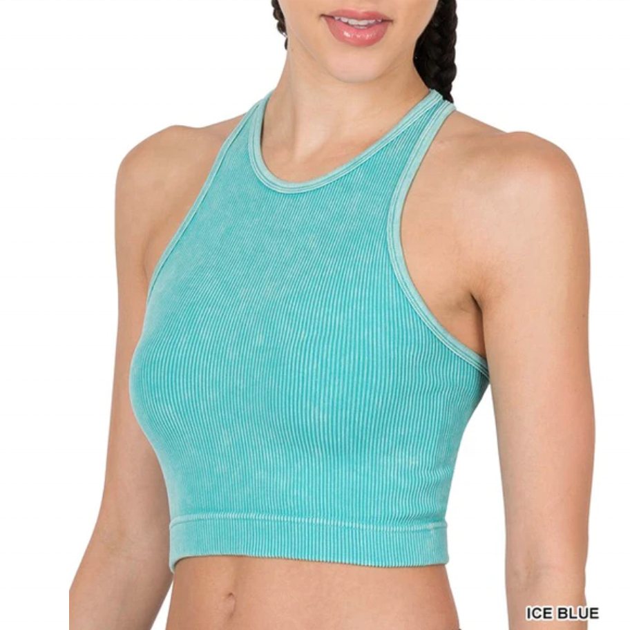 Women's Custom Acid Mineral Washed Ribbed Tank Tops Dresses Casual Sports Mini Cropped Sleeved Light Weight Natural Pattern