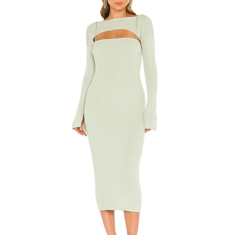 Ladies bodycon long dress with sleeve ribbed knitted midi casual dresses