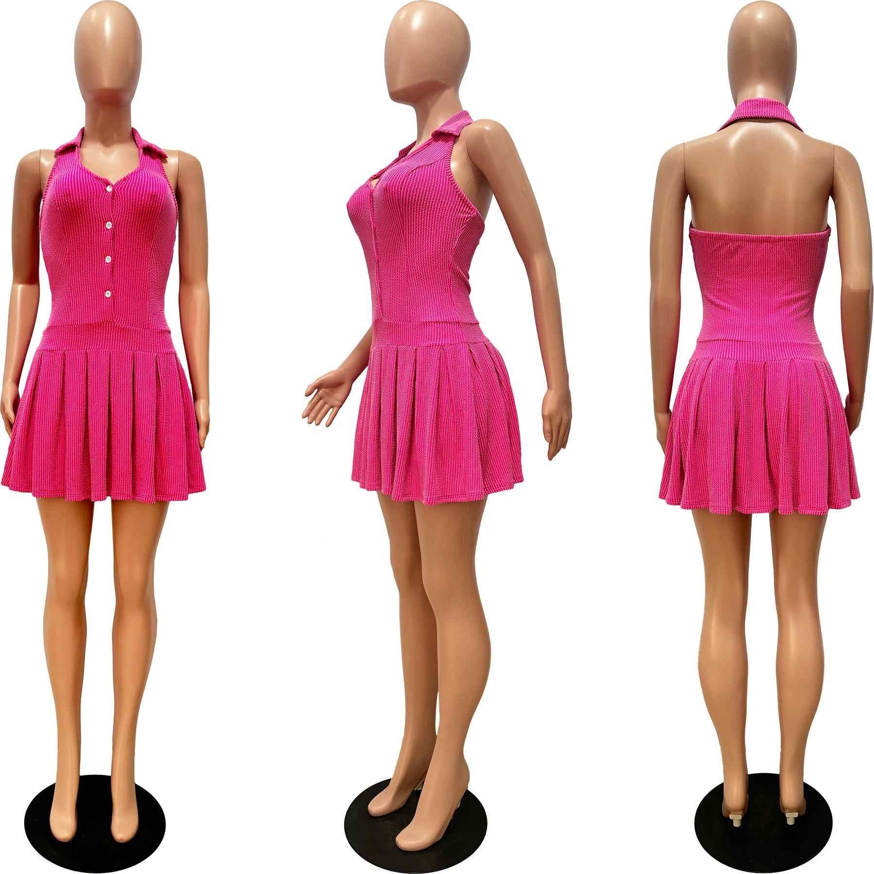 Women Stretch Sexy V-Neck Halter Backless Casual Dress A-Line Sleeveless Buckle Ruched Waist Halter Pleated Tennis Mini Dress