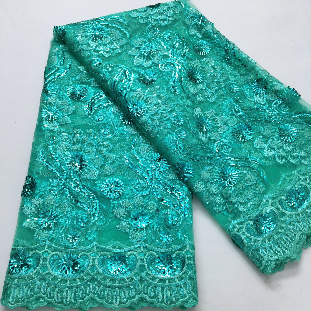Mint Green African Tulle Mesh Lace Fabric with Sequins High Quality French Net Lace Fabric for Women Wedding Dresses Sewing 4004