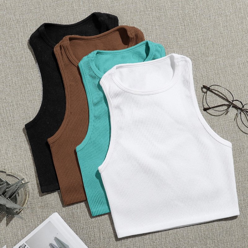 Outdoor Running Women Knitted Gym Yoga Top Solid Color Seamless Ribbed Yoga Short Vest
