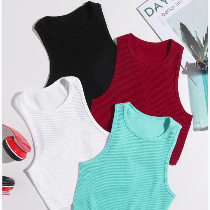Outdoor Running Women Knitted Gym Yoga Top Solid Color Seamless Ribbed Yoga Short Vest