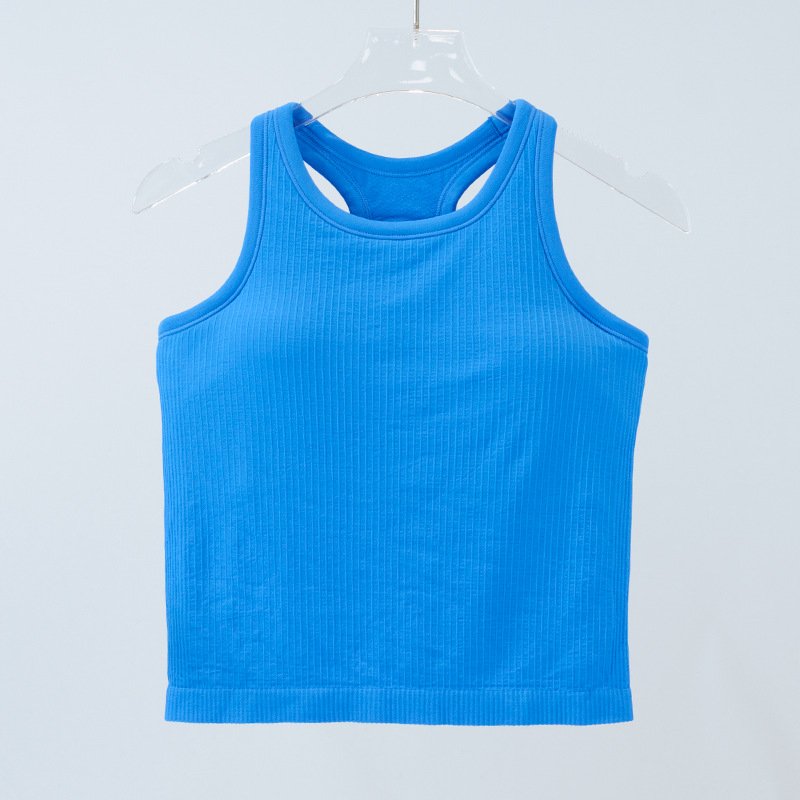 Custom Lulu Yoga wear women's athletic short vest with high stretch knitted ribs over summer nylon comfort with a chest pad