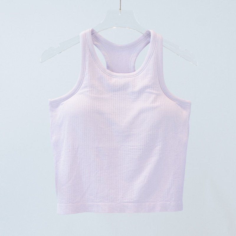 Custom Lulu Yoga wear women's athletic short vest with high stretch knitted ribs over summer nylon comfort with a chest pad