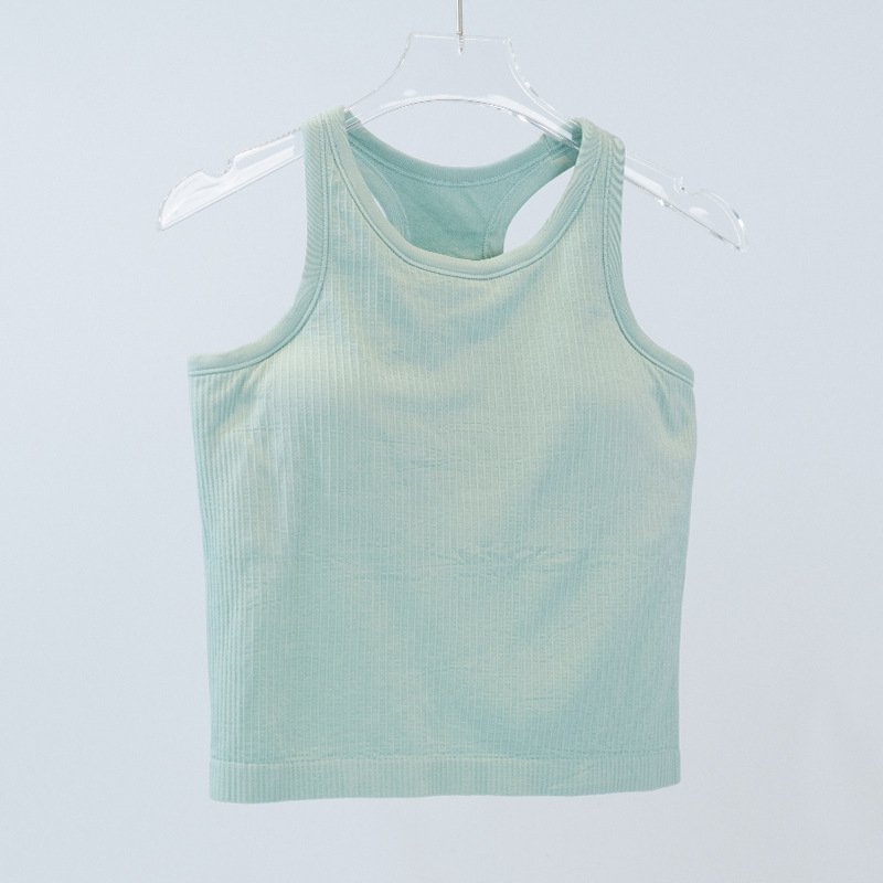 Custom Lulu Yoga wear women's athletic short vest with high stretch knitted ribs over summer nylon comfort with a chest pad