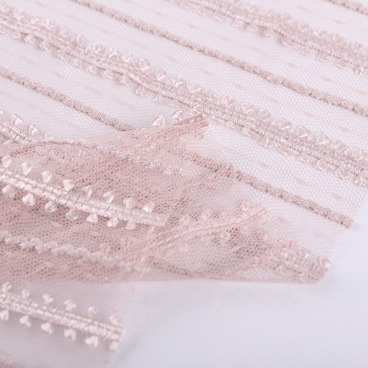 Polyester pink trim stripe ribbon mesh tulle lace fabric embroidery for girls dress SR-1452