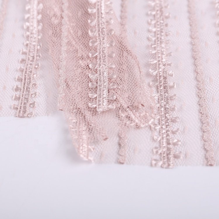 Polyester pink trim stripe ribbon mesh tulle lace fabric embroidery for girls dress SR-1452