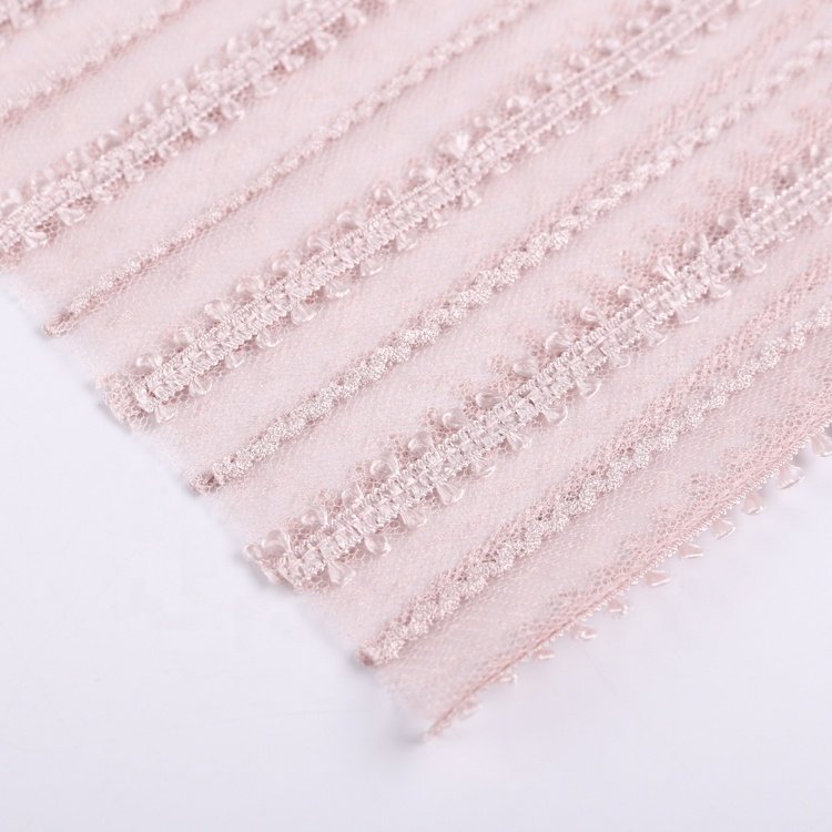 Polyester pink trim stripe ribbon mesh tulle lace fabric embroidery for girls dress SR-1452