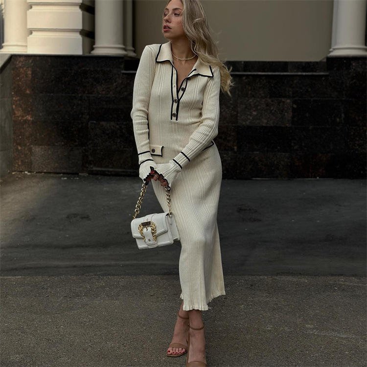 Women's Office Lady Long Sleeve Midi Maxi Dress Slim Fit Knitted Turn-Down Collar Button Rib Ruffles Solid Pattern Sweater Dress