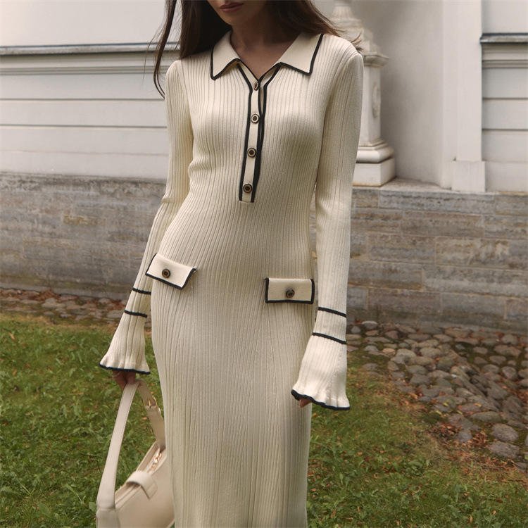 Women's Office Lady Long Sleeve Midi Maxi Dress Slim Fit Knitted Turn-Down Collar Button Rib Ruffles Solid Pattern Sweater Dress
