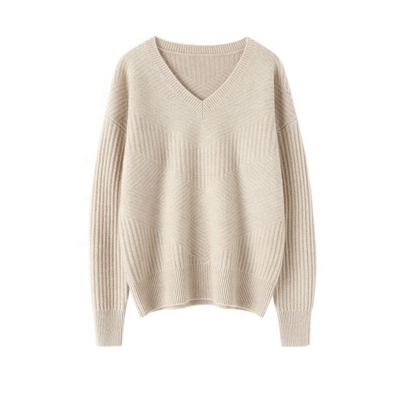 2024 AW Custom Design Casual Warm Pure Color V Neck Ribbed Knitwear Cashmere Oversized Jumper Cotton Sweater For Woman