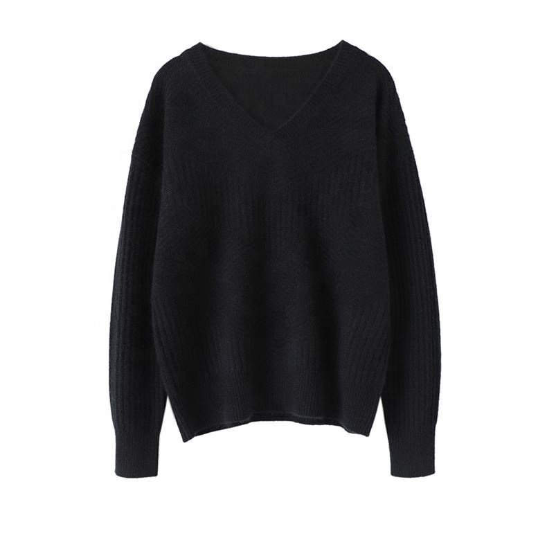 2024 AW Custom Design Casual Warm Pure Color V Neck Ribbed Knitwear Cashmere Oversized Jumper Cotton Sweater For Woman