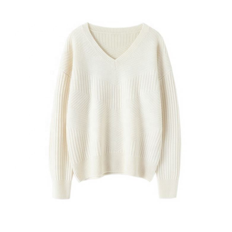 2024 AW Custom Design Casual Warm Pure Color V Neck Ribbed Knitwear Cashmere Oversized Jumper Cotton Sweater For Woman