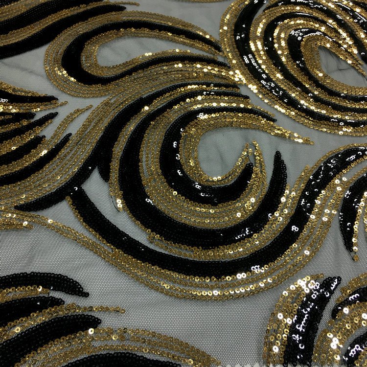 Fashionable black polyester high-quality two-color 3mm sequined tulle embroidery fabric