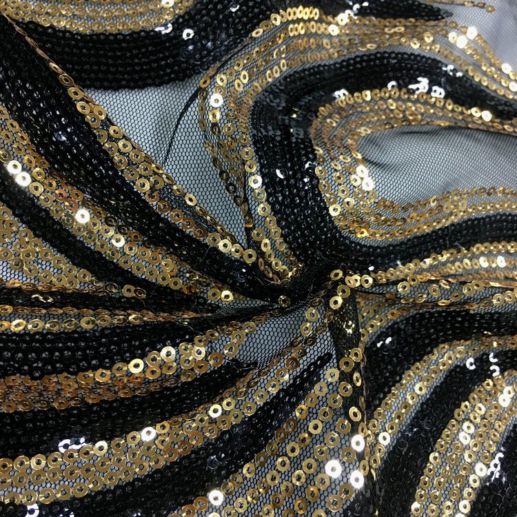 Fashionable black polyester high-quality two-color 3mm sequined tulle embroidery fabric