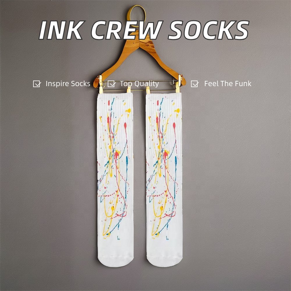 Fashion Splash Ink Ribbed Crew Socks Unisex Hip Hop Style Anti-Bacterial Cotton Pantyhose for Women and Men
