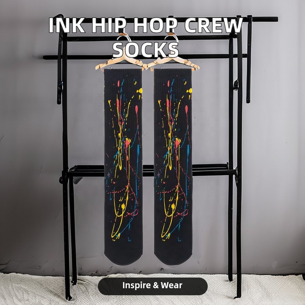 Fashion Splash Ink Ribbed Crew Socks Unisex Hip Hop Style Anti-Bacterial Cotton Pantyhose for Women and Men