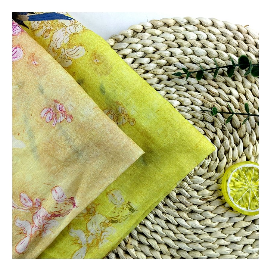 Wholesale comfortable touch 42S Pure Ramie Yellow Flower Bird style print fabric for Women's shirts dress