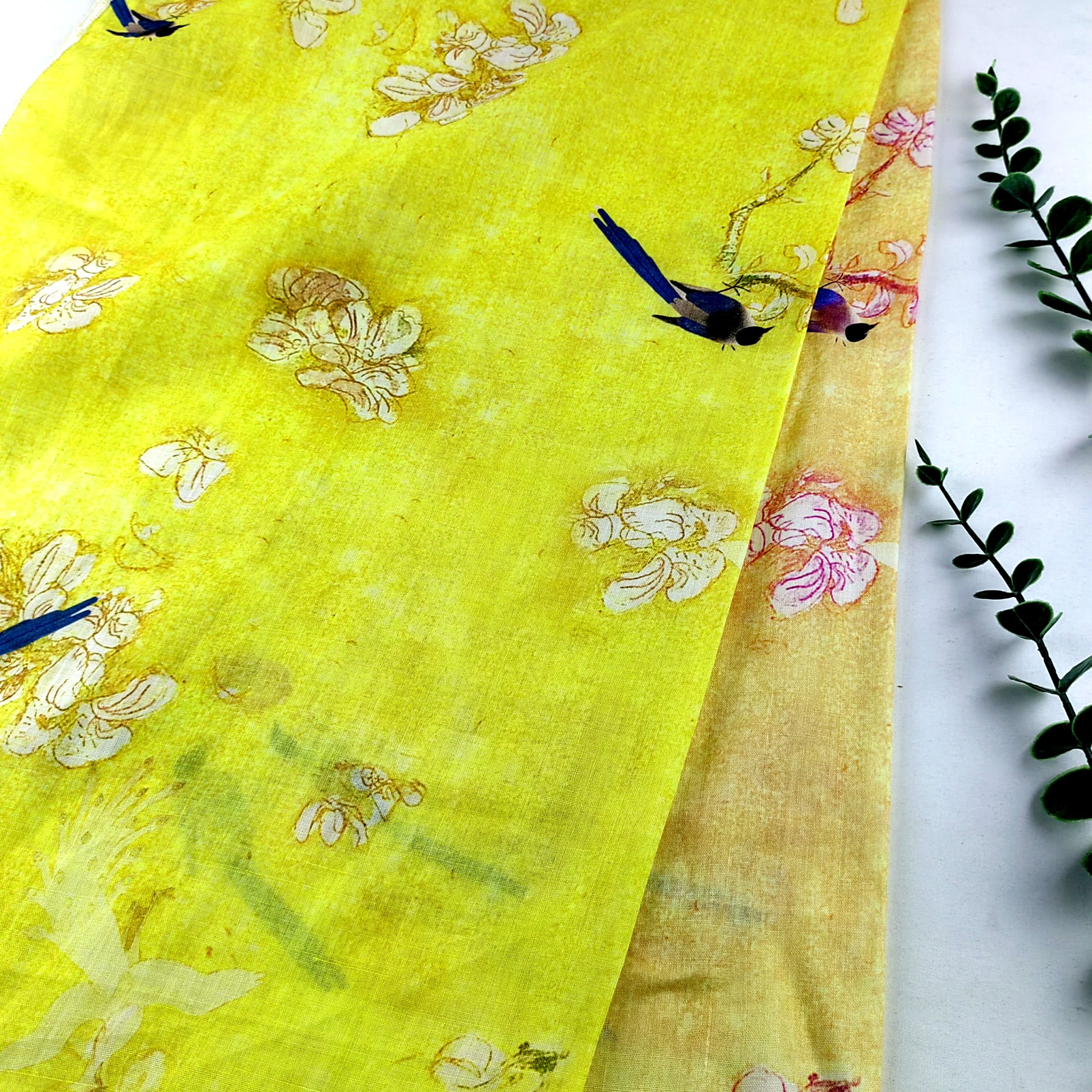 Wholesale comfortable touch 42S Pure Ramie Yellow Flower Bird style print fabric for Women's shirts dress