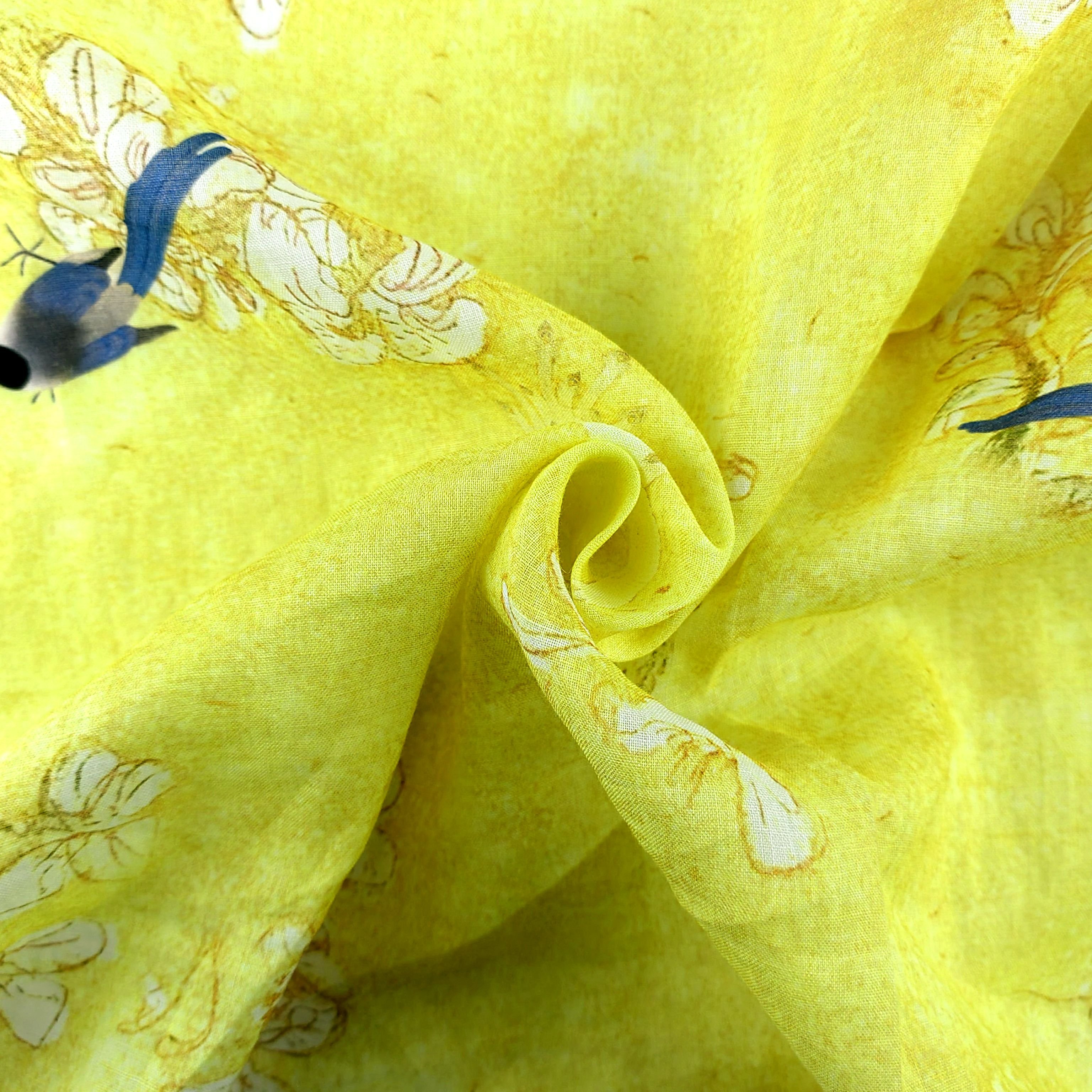 Wholesale comfortable touch 42S Pure Ramie Yellow Flower Bird style print fabric for Women's shirts dress