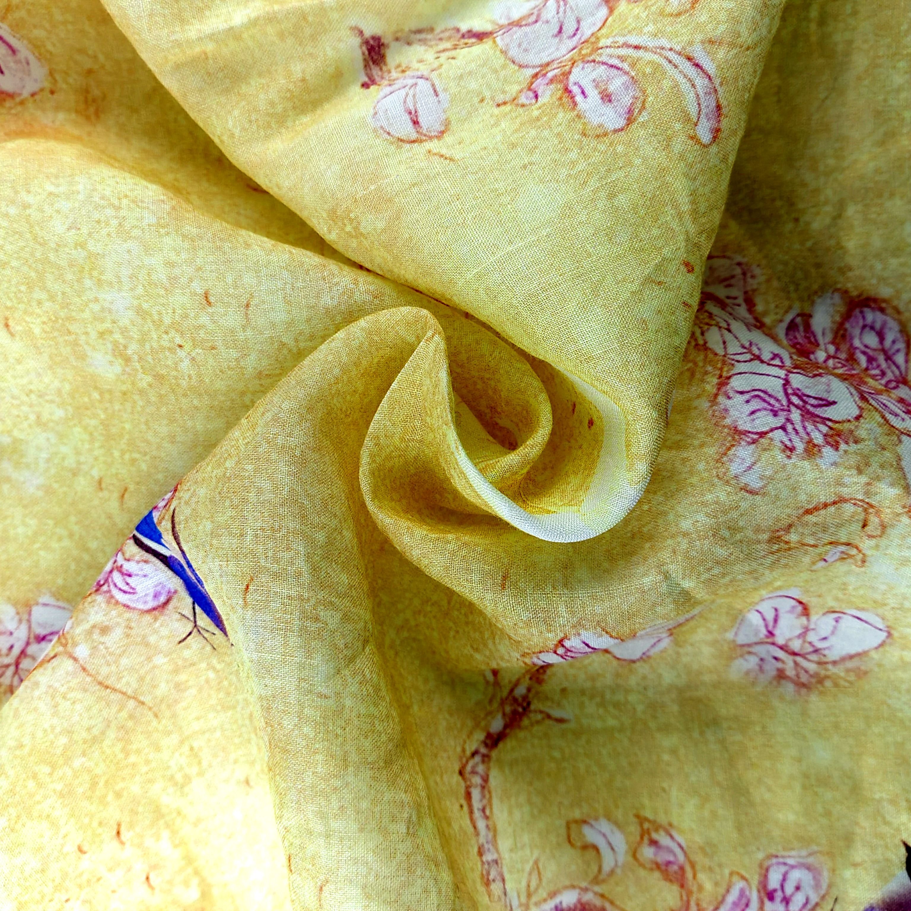 Wholesale comfortable touch 42S Pure Ramie Yellow Flower Bird style print fabric for Women's shirts dress