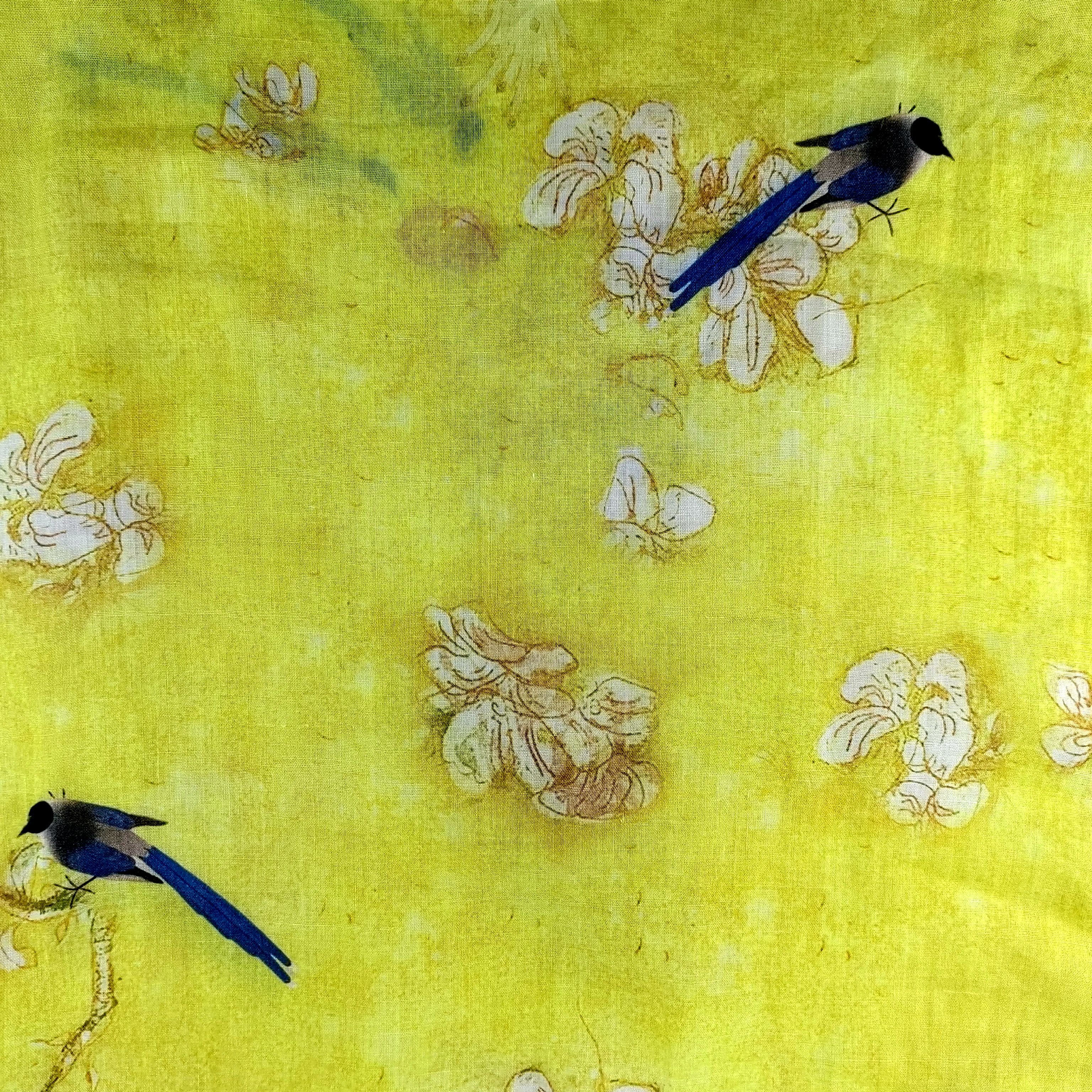 Wholesale comfortable touch 42S Pure Ramie Yellow Flower Bird style print fabric for Women's shirts dress