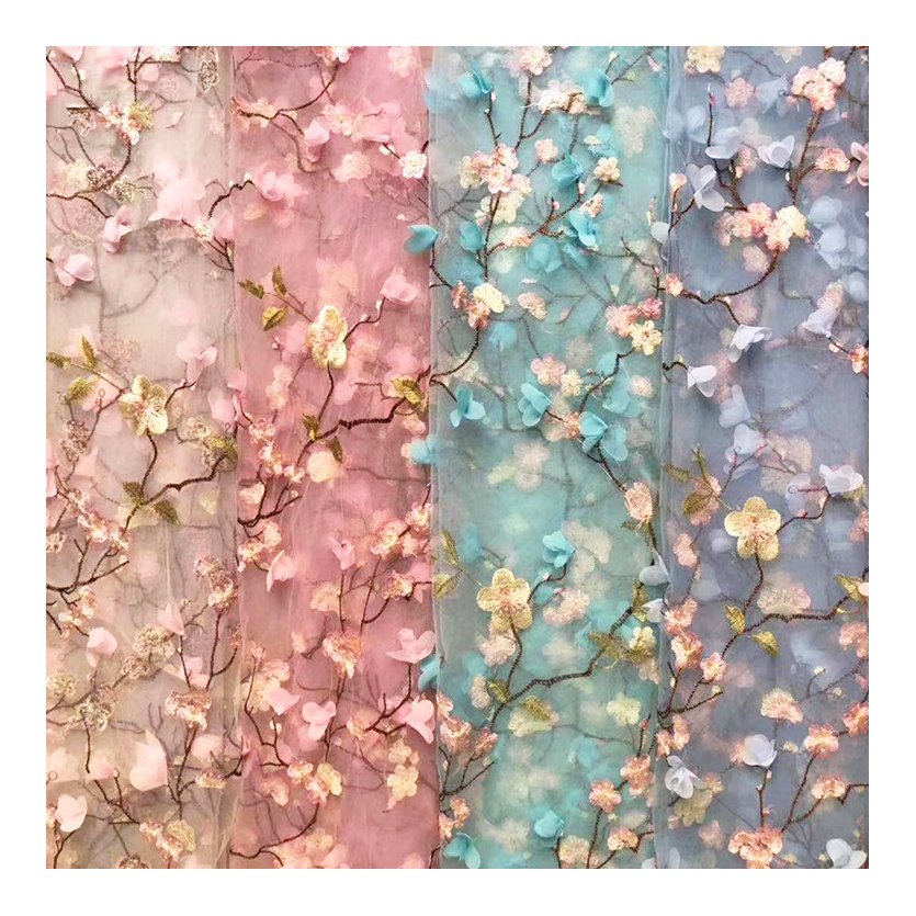 3d Embroidered Applique Flower Embroidery Tulle Mesh Lace Fabric For Han Chinese Clothing