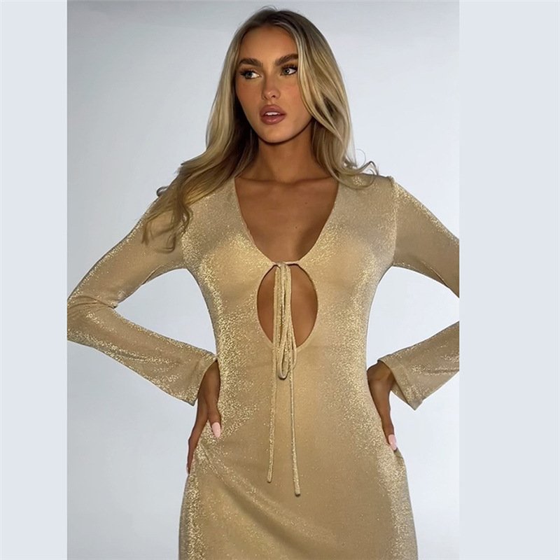 Peeqi K24D54264 fashion 2024 new autumn streetwear solid color long sleeve hole backless slim dress sexy maxi dress women lady