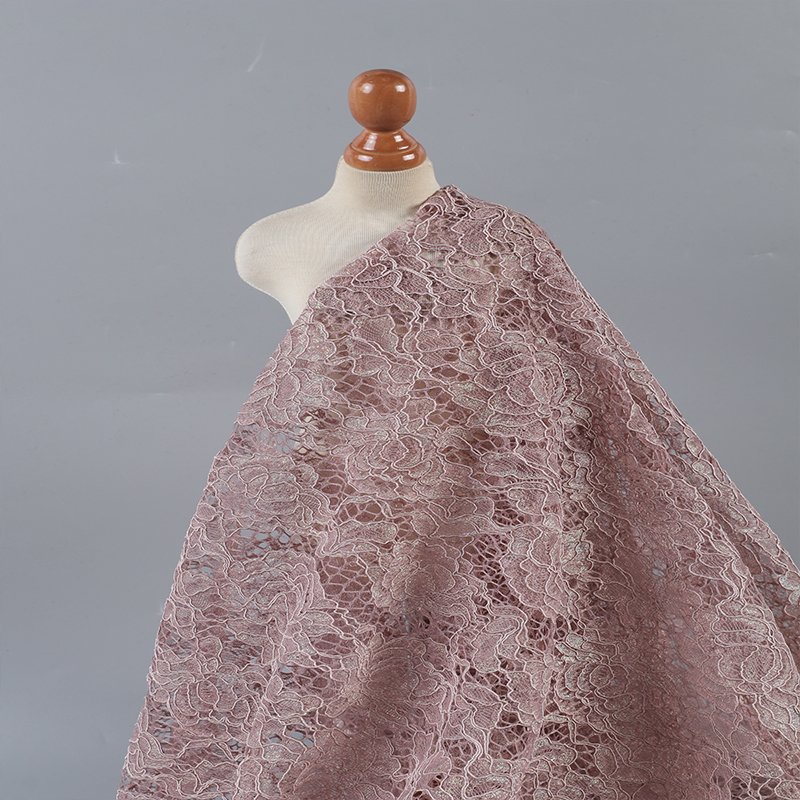 Hot Sale Pink Floral Lace Glitter Nylon Cotton Lace Fabric for Fashion Garment