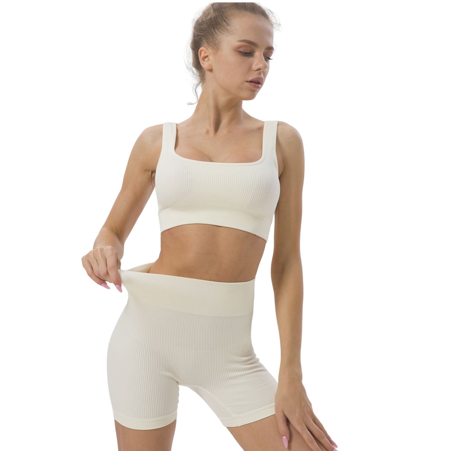 2024 Custom Logo White 2pcs Solid Color Ribbed Knit Yoga Set