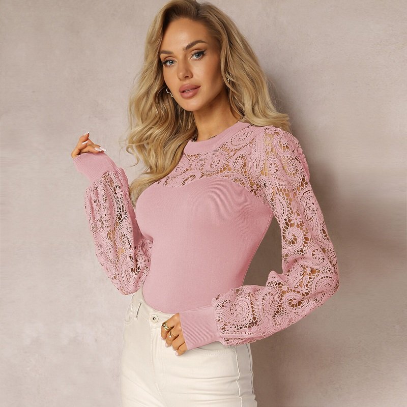 Custom Women's Slim Fit round Neck T-Shirt Retro French Fine Ribbed Lace Lantern Sleeve Tops Casual Knitted Style