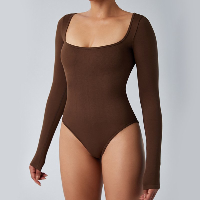 Women Ribbed U Neck Yoga Suit Lady Long Sleeve Tight Gym Sets Female Midriff High Stretch Sports Suit