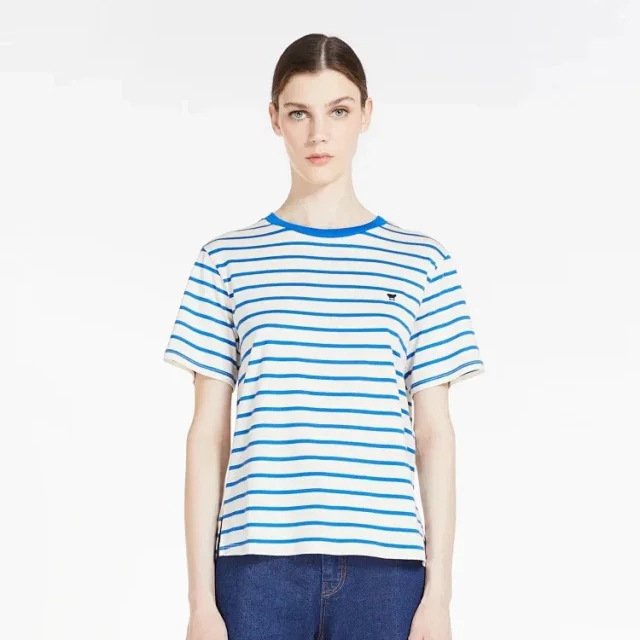 Woman blue color Nautical style short sleeve t shirts ribbed collar summer tops 100% cotton high quality custom logo street wear