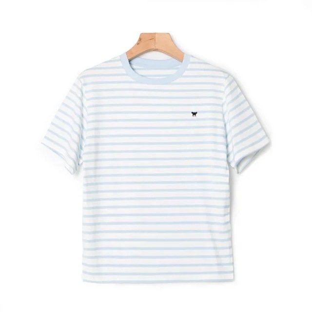 Woman blue color Nautical style short sleeve t shirts ribbed collar summer tops 100% cotton high quality custom logo street wear