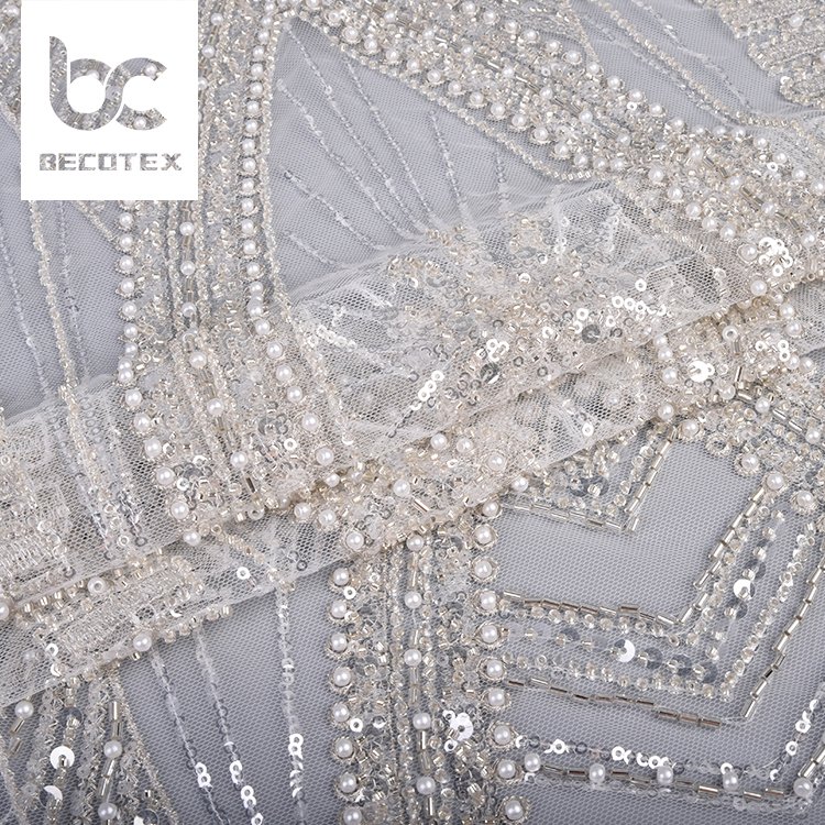 Lace fabric embroidery luxury lace beaded sequin custom design white lace mesh fabric for wedding dress