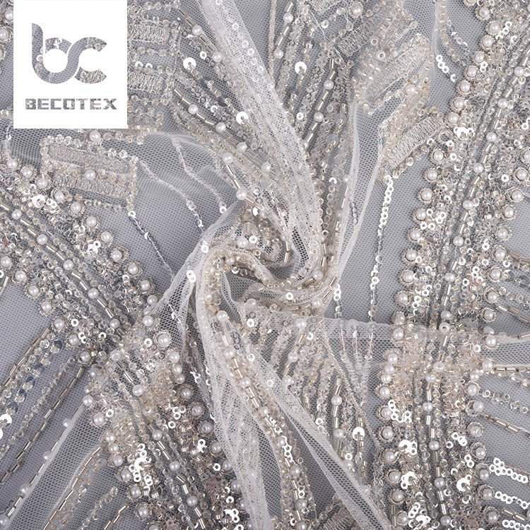 Lace fabric embroidery luxury lace beaded sequin custom design white lace mesh fabric for wedding dress