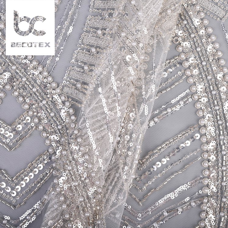 Lace fabric embroidery luxury lace beaded sequin custom design white lace mesh fabric for wedding dress
