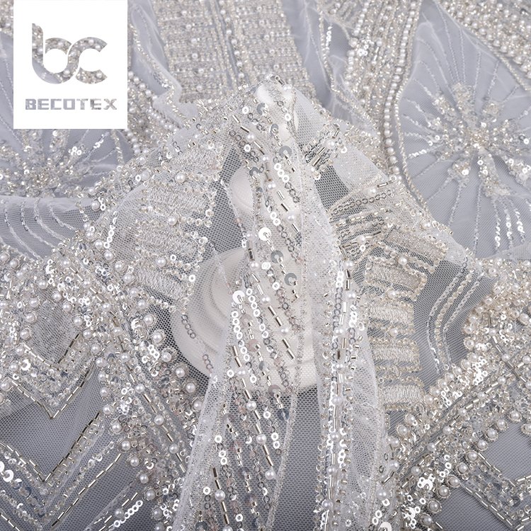Lace fabric embroidery luxury lace beaded sequin custom design white lace mesh fabric for wedding dress