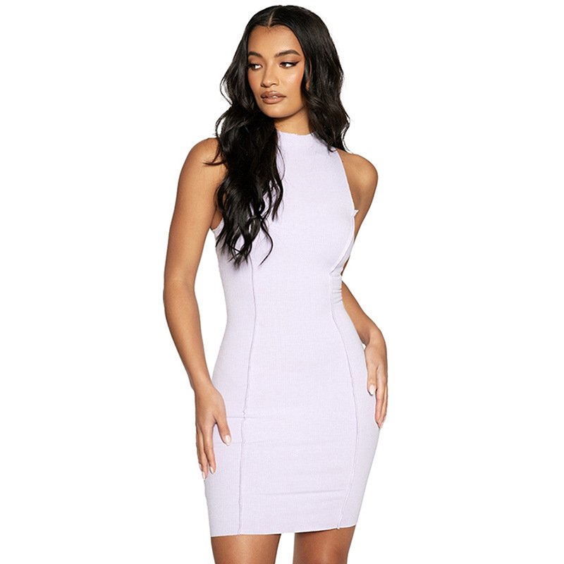 KingYoung Club Women's 2024 Skinny Sleeveless Ribbed Mini Jump Dress Hot Sale High Quality Contrast Breathable Sweet Natural