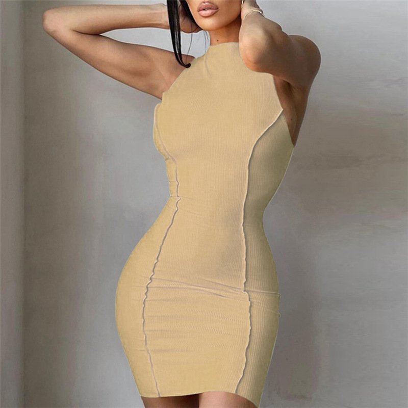 KingYoung Club Women's 2024 Skinny Sleeveless Ribbed Mini Jump Dress Hot Sale High Quality Contrast Breathable Sweet Natural