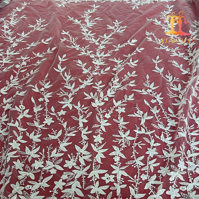 High quality 100% polyester 3d flower embroidery bridal beaded couture lace fabric XM-BF0604