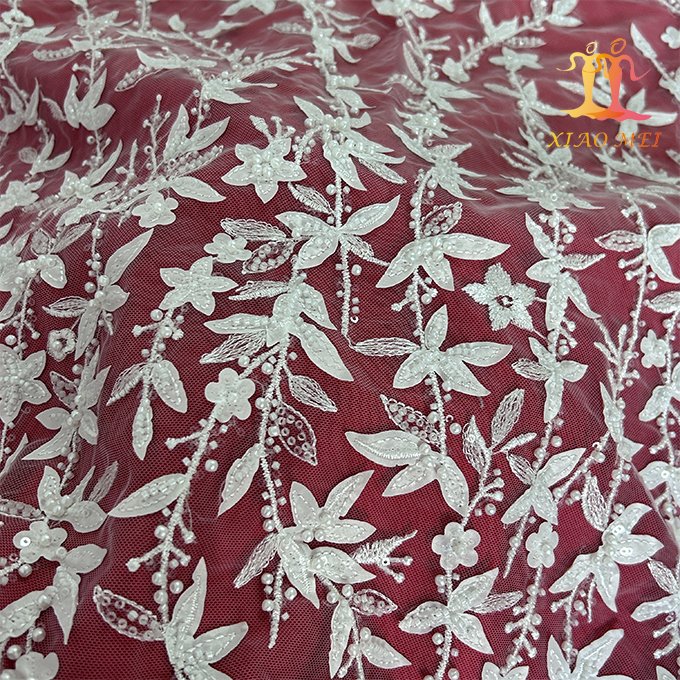 High quality 100% polyester 3d flower embroidery bridal beaded couture lace fabric XM-BF0604